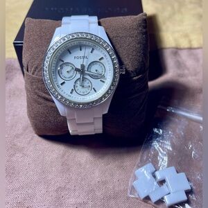 Fossil Stella ES-1967 Women's White Multi-dial Quartz Watch Crystal Bezel